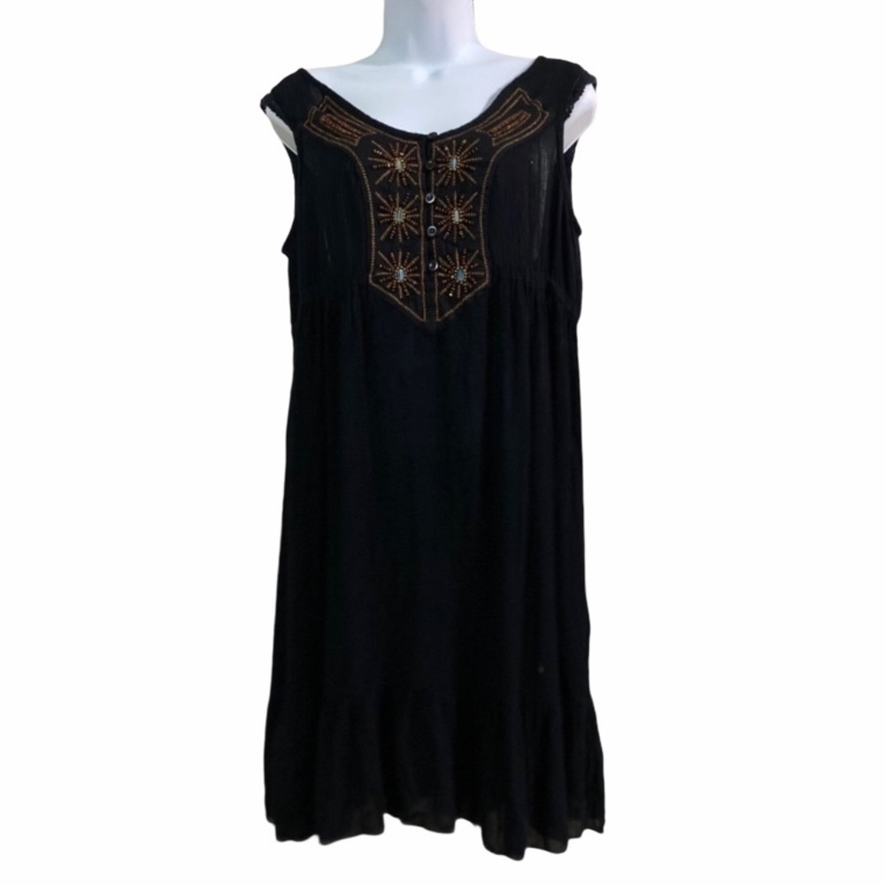 Black Lightweight Sleeveless Dress Medium Boho Beaded Ruffle Crochet Cottagecore